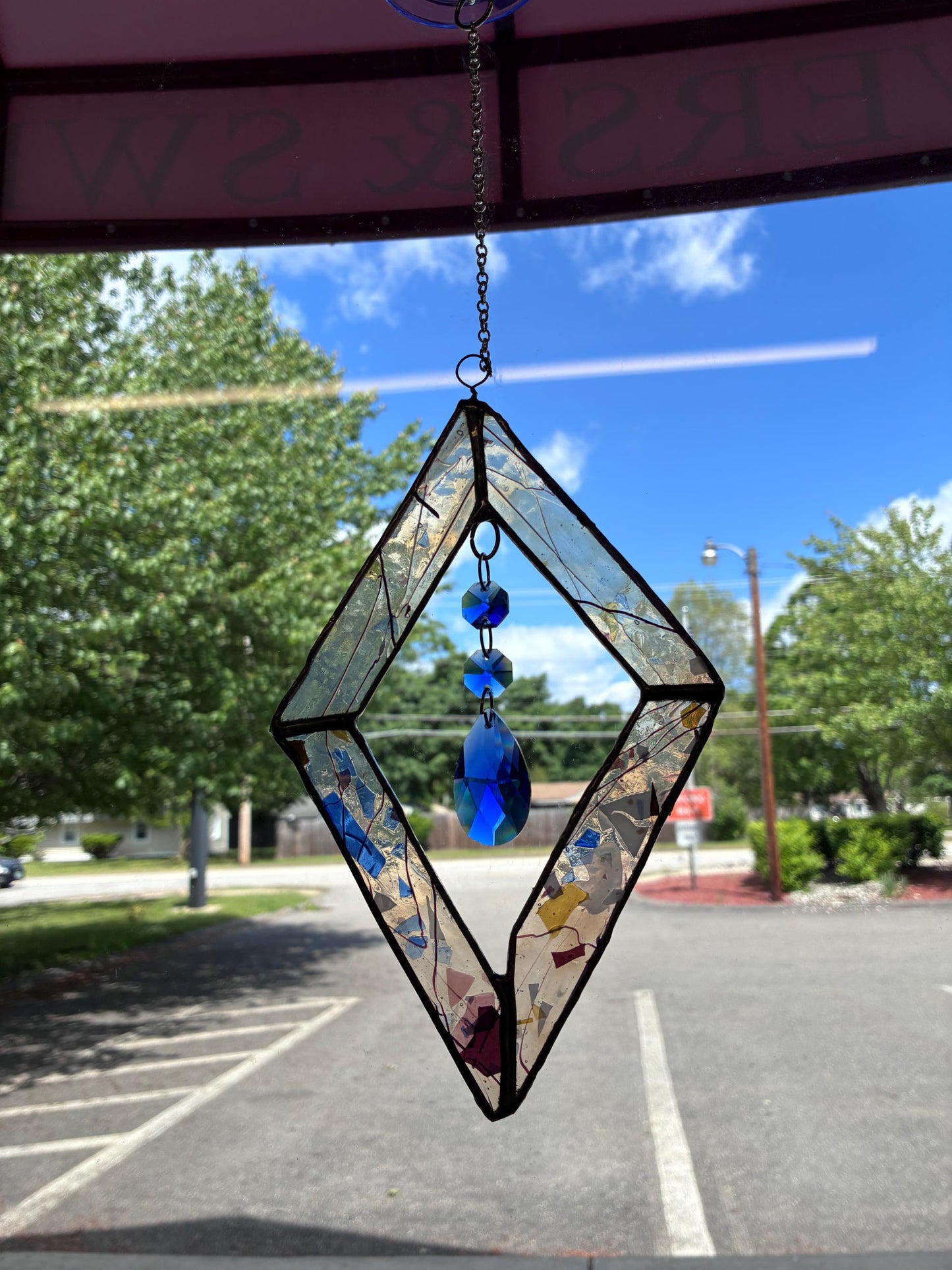 Stained Glass Diamond Sun Catcher with Blue Accents – SHIRLEY'S FLOWERS & SWEETS, Nashua NH