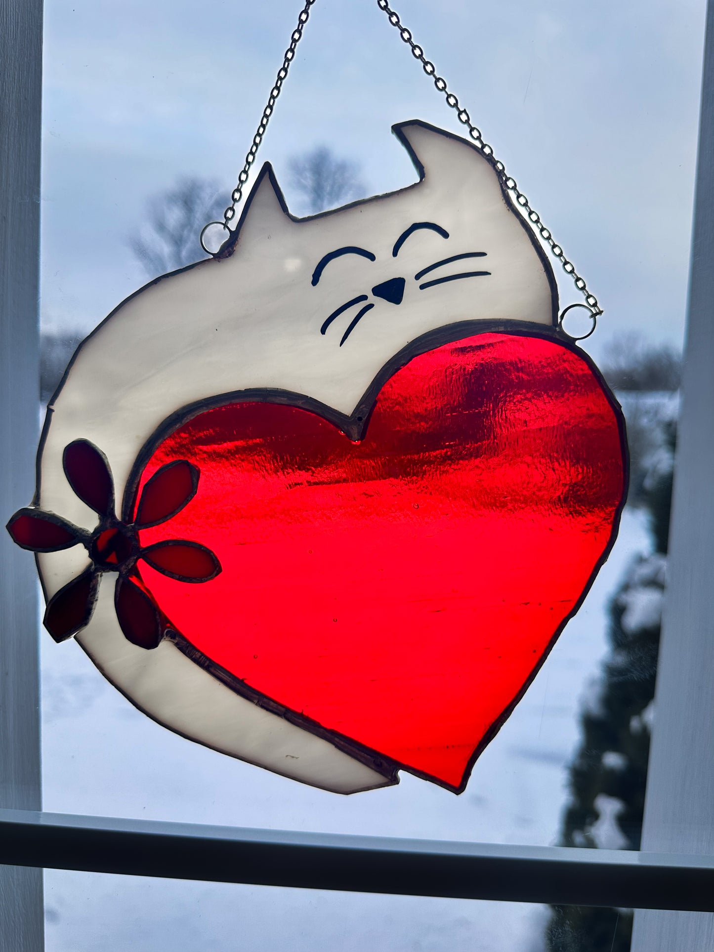 Stained Glass Cat Holding Heart