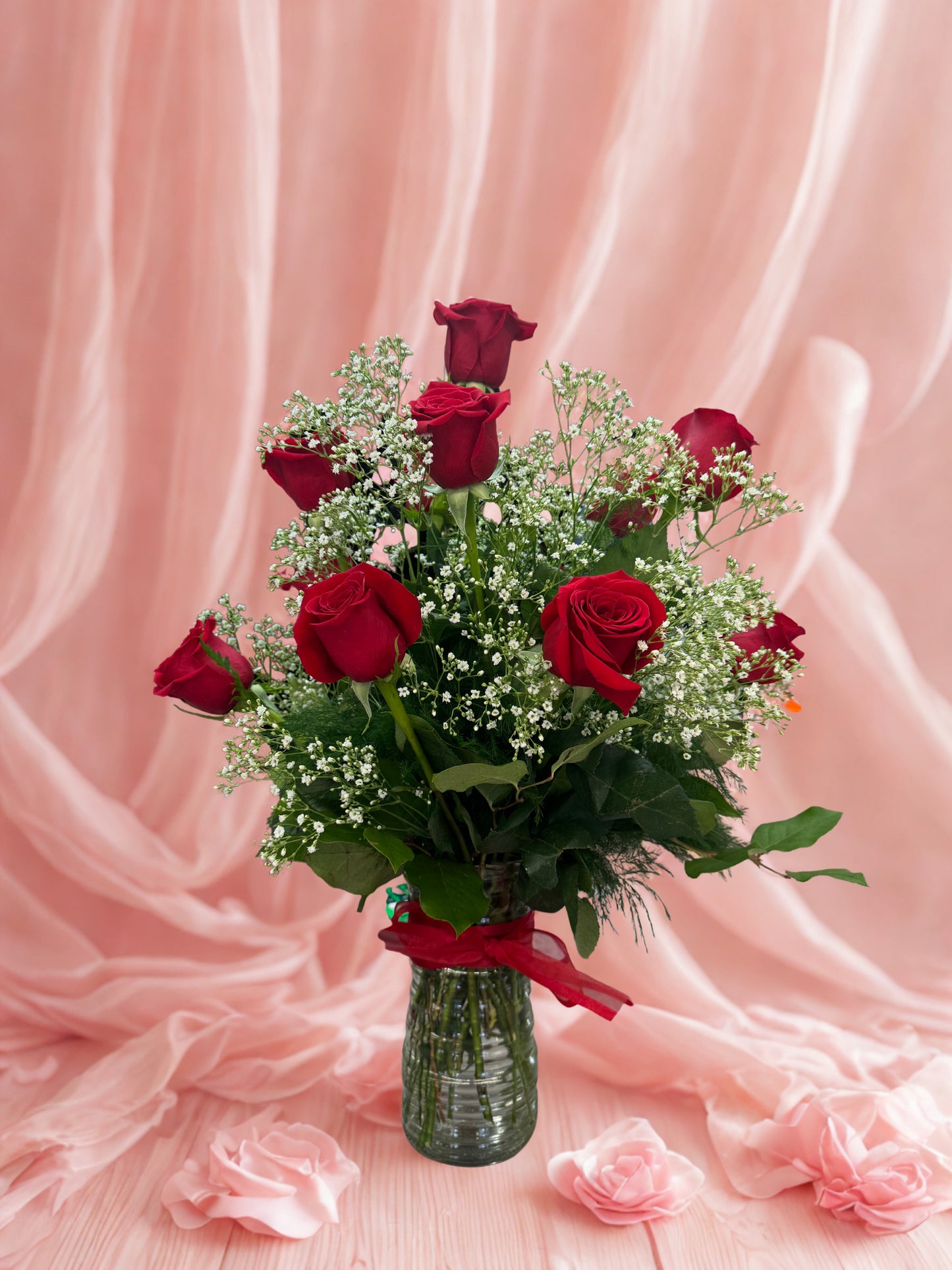 One Dozen Roses with Babies Breath